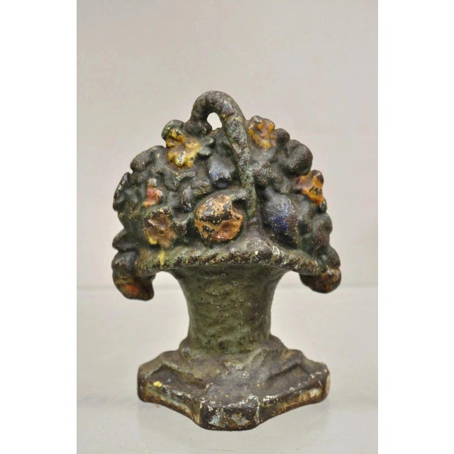 Orange Antique Victorian Cast Iron Small Painted Orange Floral Bouquet Basket Door Stop For Sale - Image 8 of 8