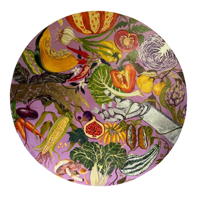 Original Round Botanical Oil on Canvas Painting With Figural Hands by Surabhi Gaikwad Uzgare, 2020 For Sale