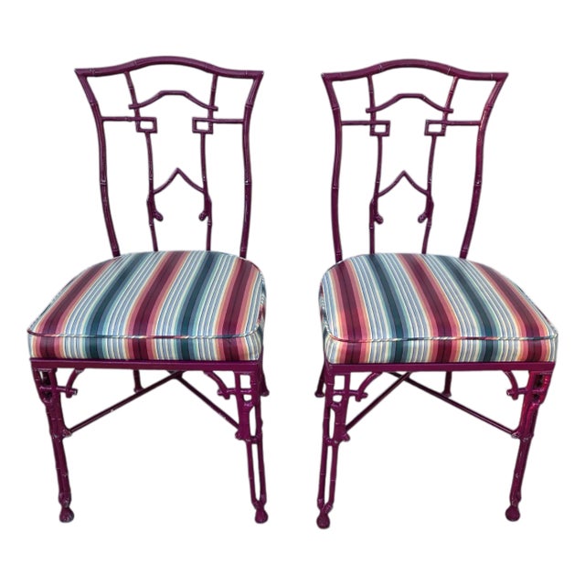 2 Vintage Chinese Chippendale Regency Side Chairs Dining Aluminum Faux Bamboo For Sale