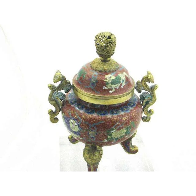 Metal Republic Period Chinese Cloisonne Gilt Tripod Lidded Censer For Sale - Image 7 of 11