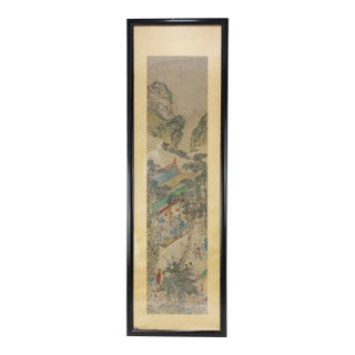 Vintage Chinese Framed Painting of Pavilion Garden Scene With Figures and Mountain Landscape For Sale
