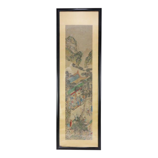 Vintage Chinese Framed Painting of Pavilion Garden Scene With Figures and Mountain Landscape For Sale