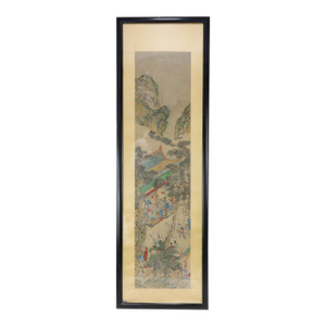 Vintage Chinese Framed Painting of Pavilion Garden Scene With Figures and Mountain Landscape