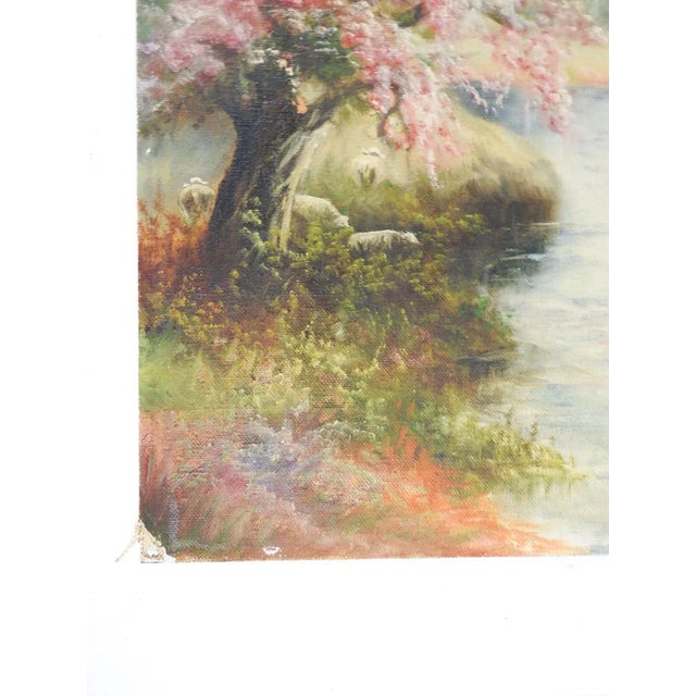 Early 20th Century Vintage Creekside Landscape Painting With Pink Flowering Tree For Sale - Image 5 of 7