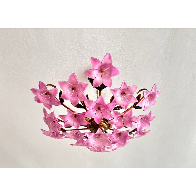 1980s 1980s Italian Style Pink Floral Crystal Flush Mount Chandelier, 3-Light For Sale - Image 5 of 17