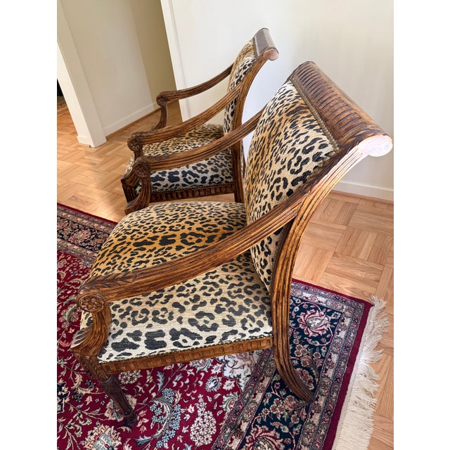 Vintage Pair of Louis XVI-Style Carved Fauteuil Armchairs in Leopard Print For Sale - Image 4 of 12