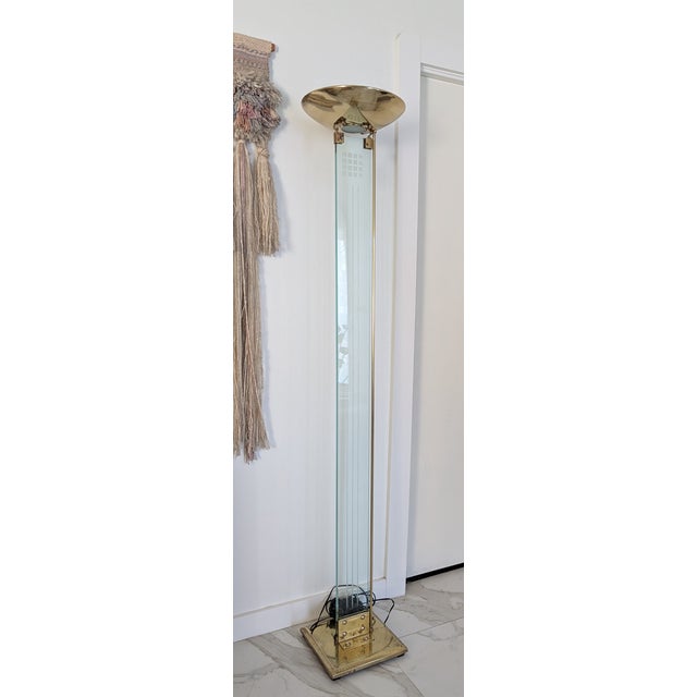 Metal 1980's Mid-Century Modern Glass & Brass Torchiere Floor Lamp For Sale - Image 7 of 11