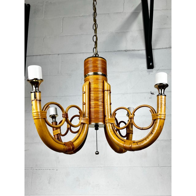 Boho Chic Vintage Bamboo Rattan Chandelier For Sale - Image 3 of 11