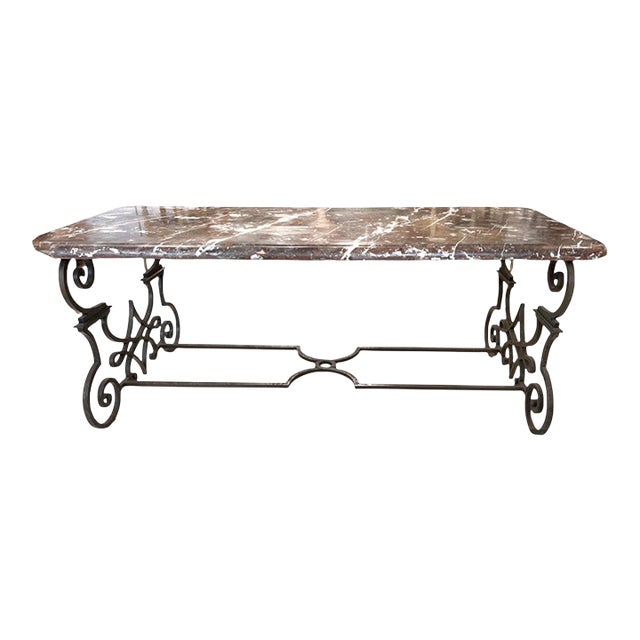 19th Century Hand Forged Iron Dining Table With Conforming Marble Top For Sale