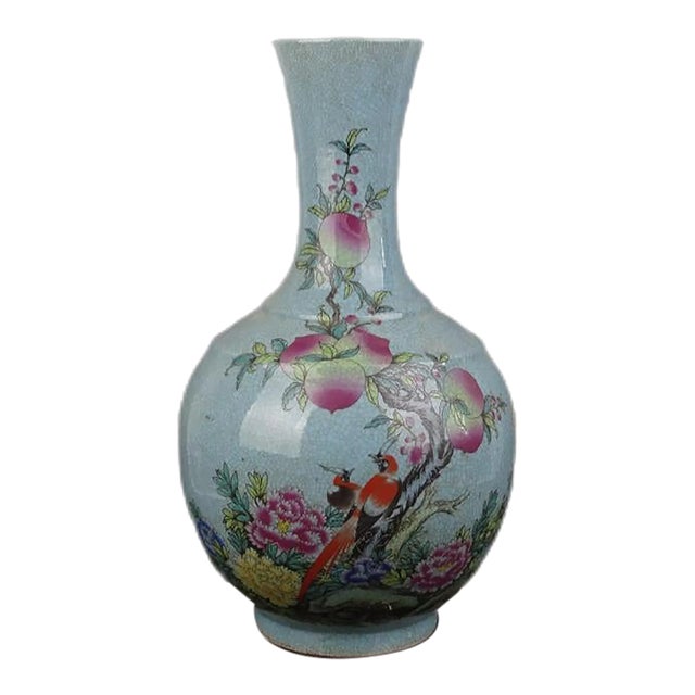 Chinese Vintage Porcelain Vase Qing Dynasty Qianlong Marked Crackle Glaze Famille Verte Porcelain Vase Hand Painted Longevity Peach Pattern For Sale