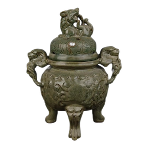 1900s Chinese Porcelain Censer Song Xikou Kiln Celadon Three Legs Incense Burner Hand Carved Lion Head Statue | Xikou Ware Ceramic Censer