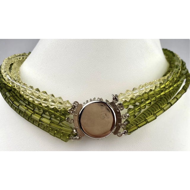 Kelly Green Mid Century Multi Strand Green and Clear Beaded Necklace With Cluster Clasp For Sale - Image 8 of 8