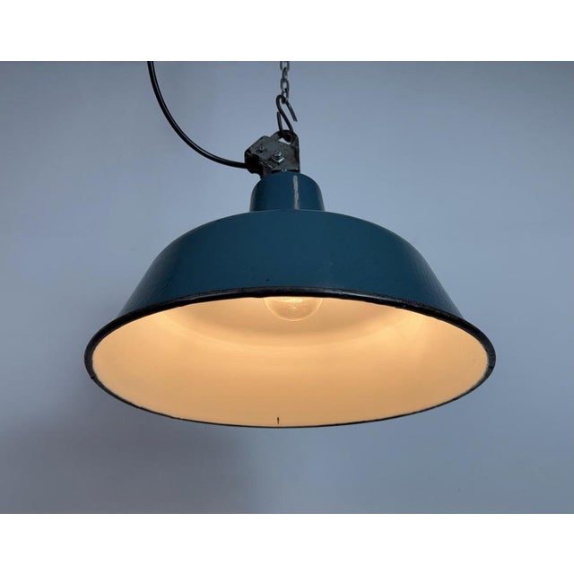 Industrial Petrol Enamel Factory Lamp with Cast Iron Top, 1960s For Sale - Image 12 of 18
