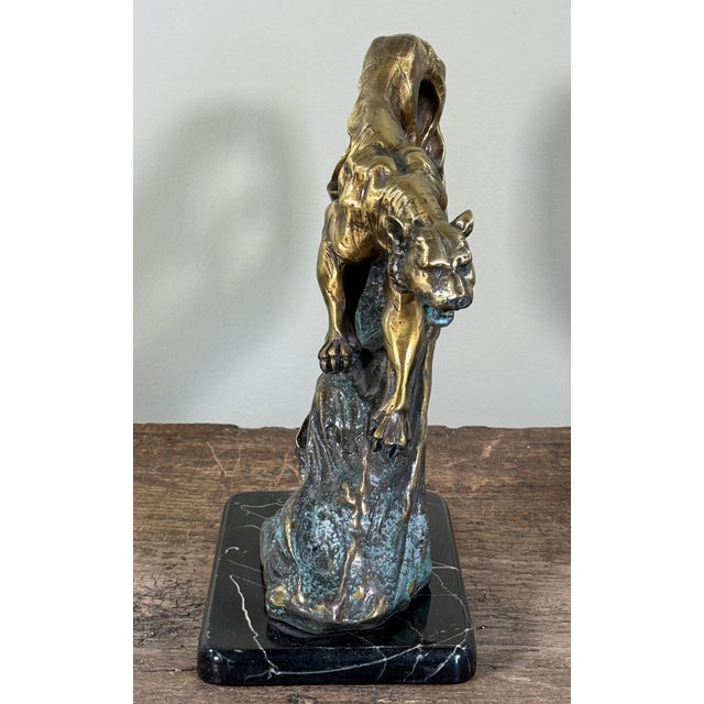 Vintage Art Deco Style Bronze Tiger Sculpture on Marble Base For Sale - Image 10 of 11