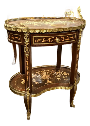 Elegant Oval Accent Table With Inlaid Wood, Brass Gallery, Drawer & Lower Shelf