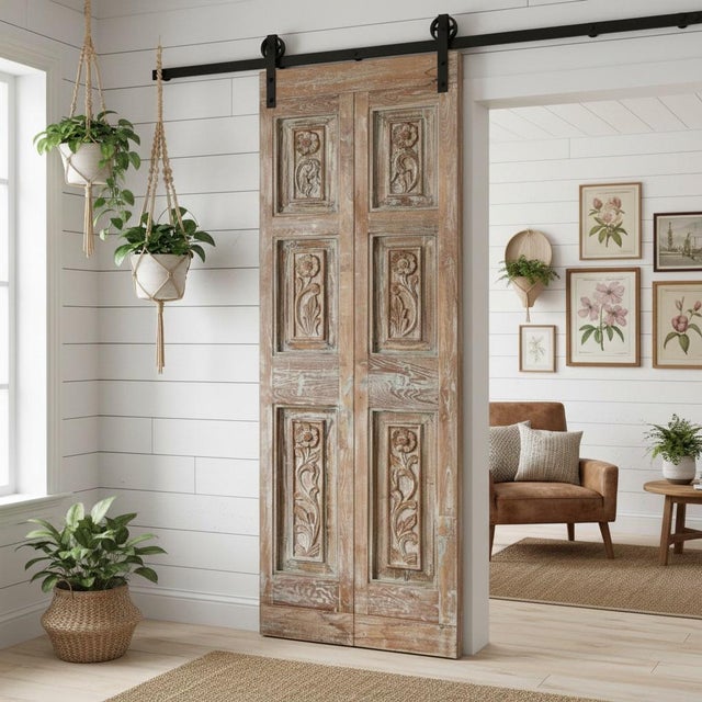 1920s Antique 6-Panel Carved Wood Sliding Barn Door | Rustic Farmhouse Accent 80x24 For Sale - Image 5 of 5