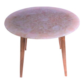 Modern Rose Quartz Round Dining Table With Acacia Wood Base For Sale