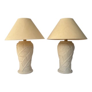 1980's Serge Roche Style Palm Leaf Regency Plaster Lamps With Shades, a Pair For Sale