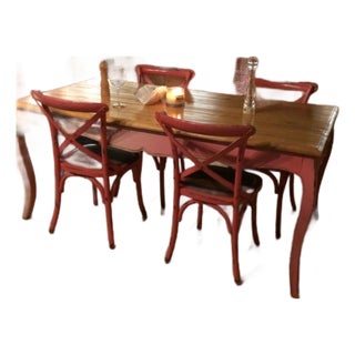 Distressed-Painted Hard-Wood Dining Table With Four Cross-Backed Chairs Featuring Natural Hand-Woven Seats For Sale