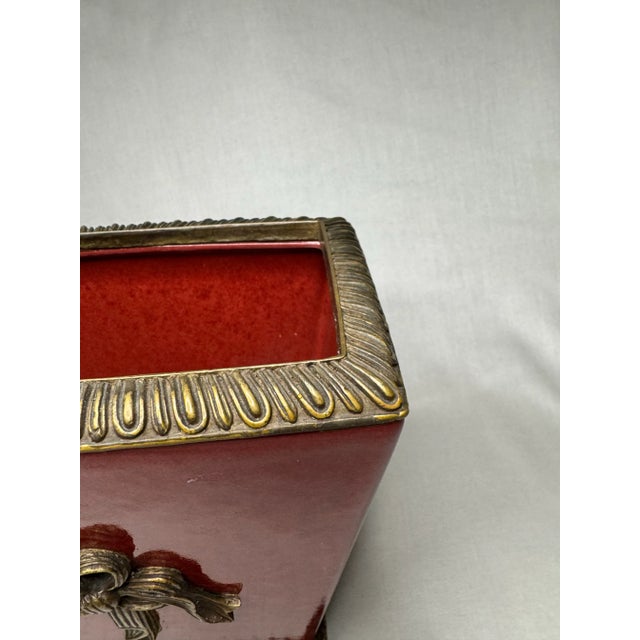 Mid 20th Century French Provincial Ceramic Solid Brass Bow Red Jardiniere For Sale - Image 5 of 11