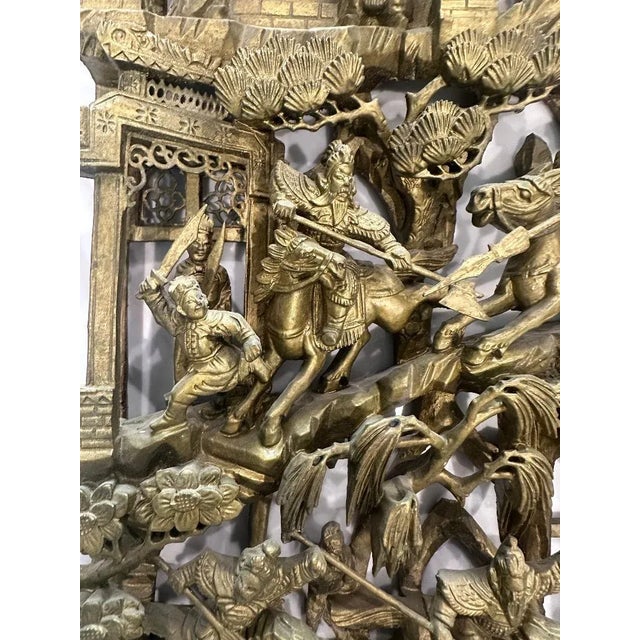 Late 19th Century Antique Chinese Gilt Carved Wood Wall Panel, Battle Scene Relief For Sale - Image 5 of 15