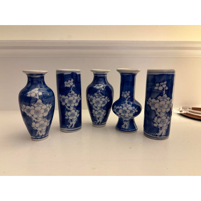 Vintage Blue and White Cherry Blossom Porcelain Petite Mini Vases For Sale - Image 4 of 7