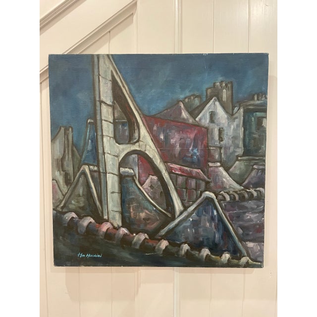 Modern Abstract Modern Industrial Scene Original Painting "Rooftops" Attributed to Artist Maggie Hsun-Wei Hsu For Sale - Image 3 of 9