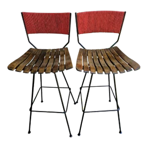 1950s Pair of Arthur Umanoff Style Bar Stools by Raymor Matte Red Backs
