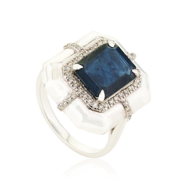 Not Yet Made - Made To Order 3.63ct Emerald-Cut Blue Sapphire Diamond Victorian Ring in 18k White Gold Size 7 For Sale - Image 5 of 18