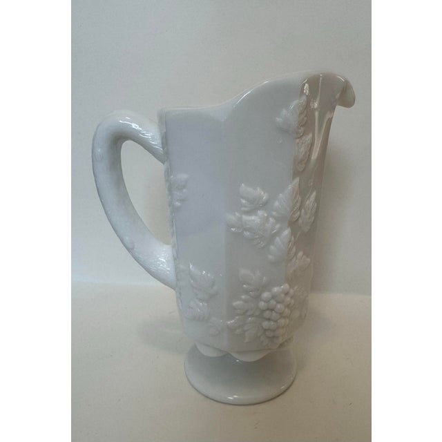 Westmorland Vintage Westmoreland Paneled Grape Milk Glass Pitcher With Bark Handle For Sale - Image 4 of 5