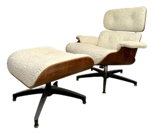 Vintage Northfield Eames-Style Lounge Chair & Ottoman in Walnut & Ivory Bouclé