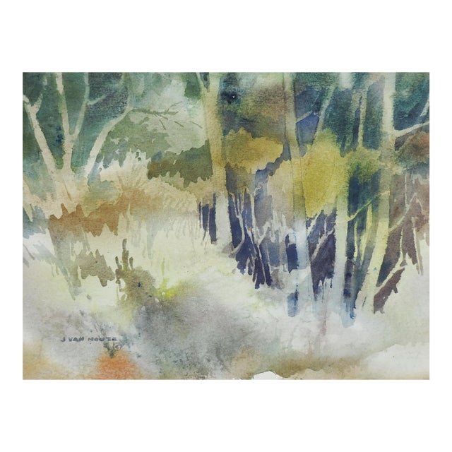 Late 20th Century Misty Forest Landscape Watercolor Painting For Sale