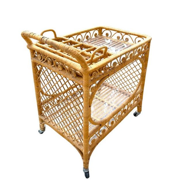 Brown Fiddle Leaf Rattan Bar Cart For Sale - Image 8 of 8