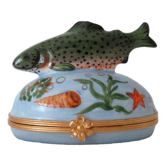 Limoges, France Hand-Painted Lidded "Trout Fish," Decorative Trinket Box For Sale