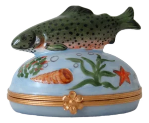 Limoges, France Hand-Painted Lidded "Trout Fish," Decorative Trinket Box
