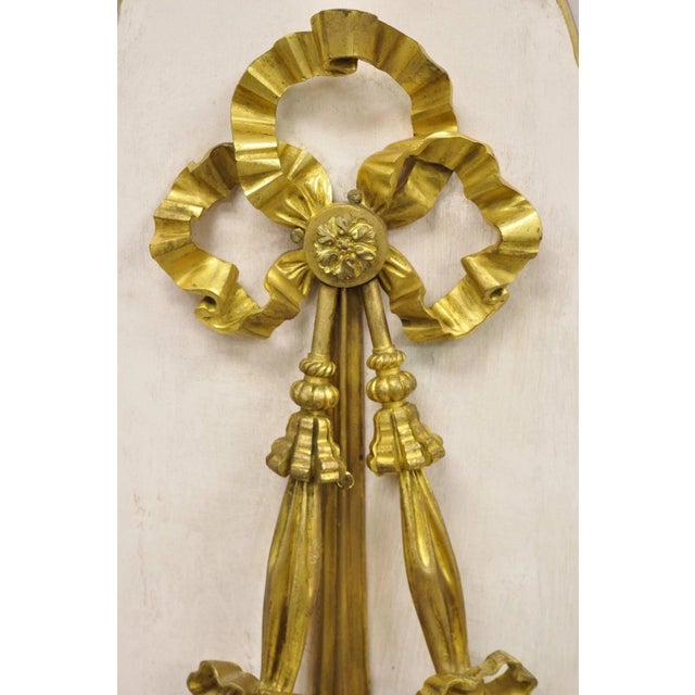 French Louis XV Gold Gilt Bronze Ribbon Drape Large Wall Plaque Sconces - A Pair For Sale - Image 15 of 16