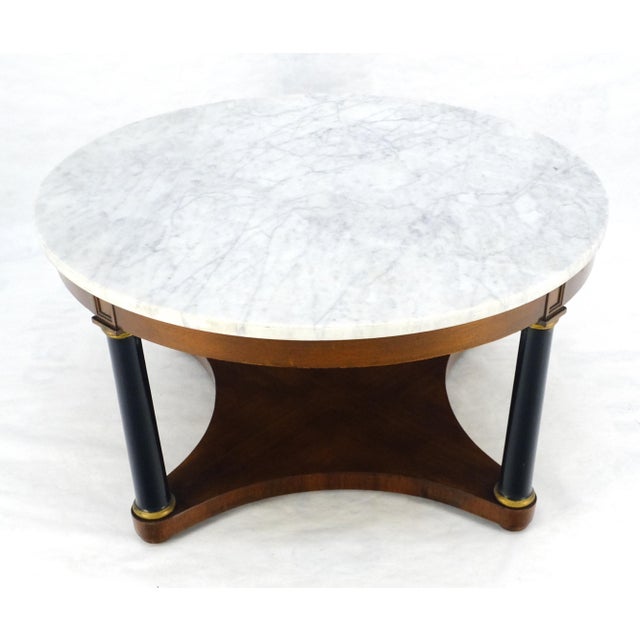 Round Marble Top Neoclassical Black Lacquer Pedestal Style Leg Coffee Table For Sale - Image 9 of 13