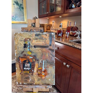 End of the Evening by Clyde Steadman | Oil on panel Still life of bottles and barware For Sale