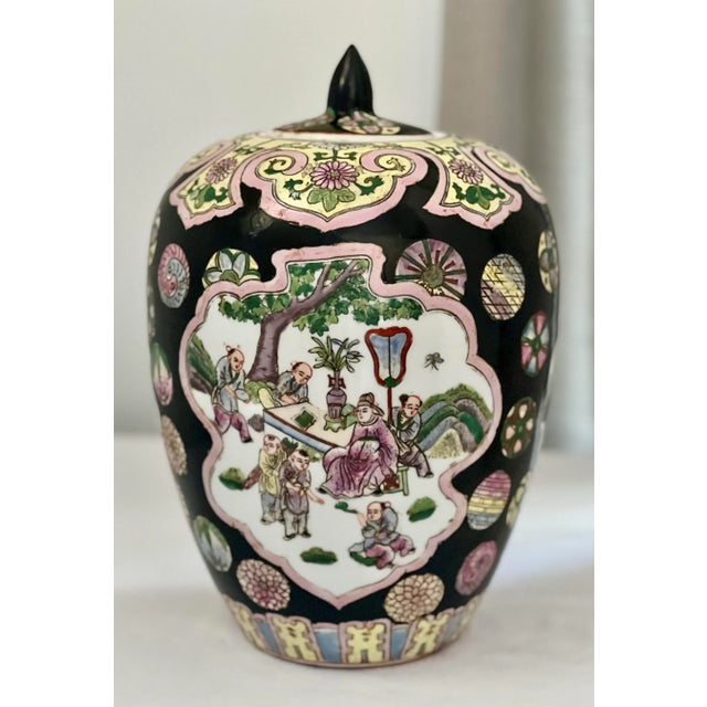 Vintage Chinese Famille Noire Porcelain Ovoid Ginger Jar With Lid For Sale - Image 4 of 12