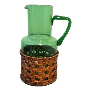 Vintage Green Blown Glass Pitcher With Wicker Basket Wrap – Possibly Empol For Sale