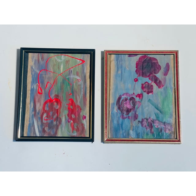 Pair Colourful abstract painting acrylic on brown recycled paper Florida Florals in red and purple - acrylic on brown...