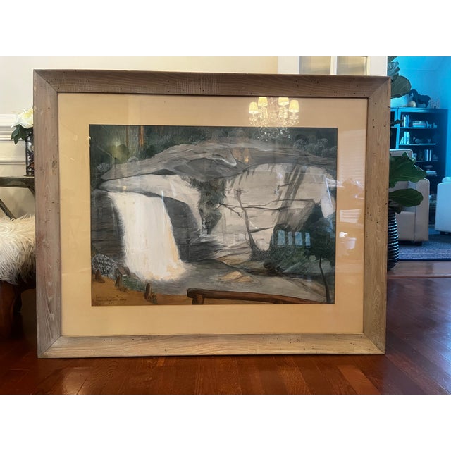 Original 1953 North Carolina Appalachian landscape painting depicting Looking Glass Falls in Pisgah National Forest,...