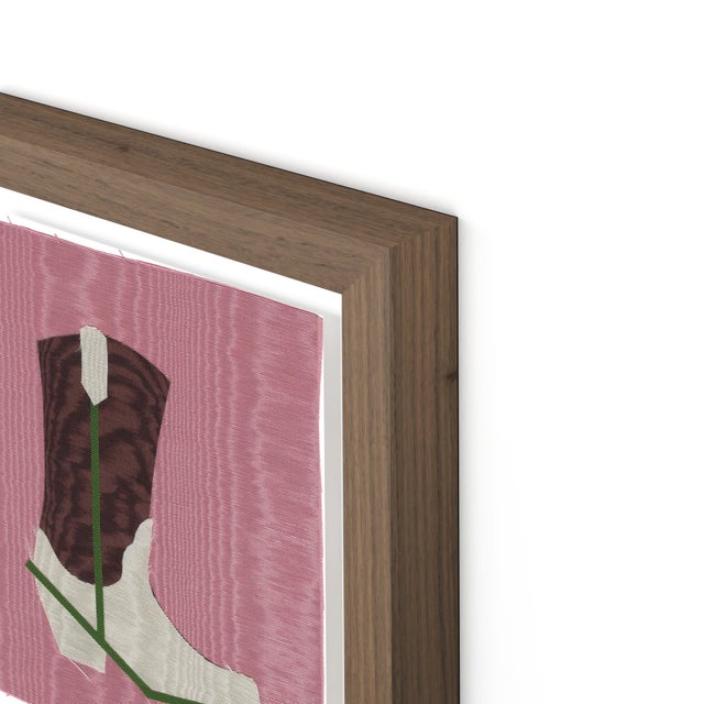 DESCRIPTION: Birdie the Cowboy Boot by Willa Heart in Walnut Frame, Mini Art Print This is a print of a handmade fabric...