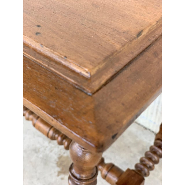 Wood 19th Spanish Baroque Side Table With Wood Stretcher and Carved Top in Walnut For Sale - Image 7 of 13