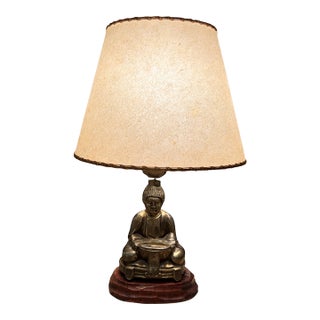 1950s Japanese Buddha Table Lamp With Offering Bowl, Original Parchment Shade & Leviton Switch For Sale