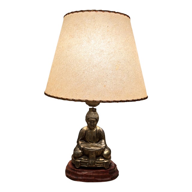 1950s Japanese Buddha Table Lamp With Offering Bowl, Original Parchment Shade & Leviton Switch For Sale