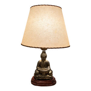 1950s MCM Japanese Buddha Table Lamp With Offering Bowl, Original Parchment Shade & Leviton Switch