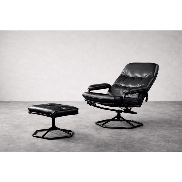 This modernist armchair and footstool was produced by the Danish manufacturer Unico during the 1970s. This set embodies...