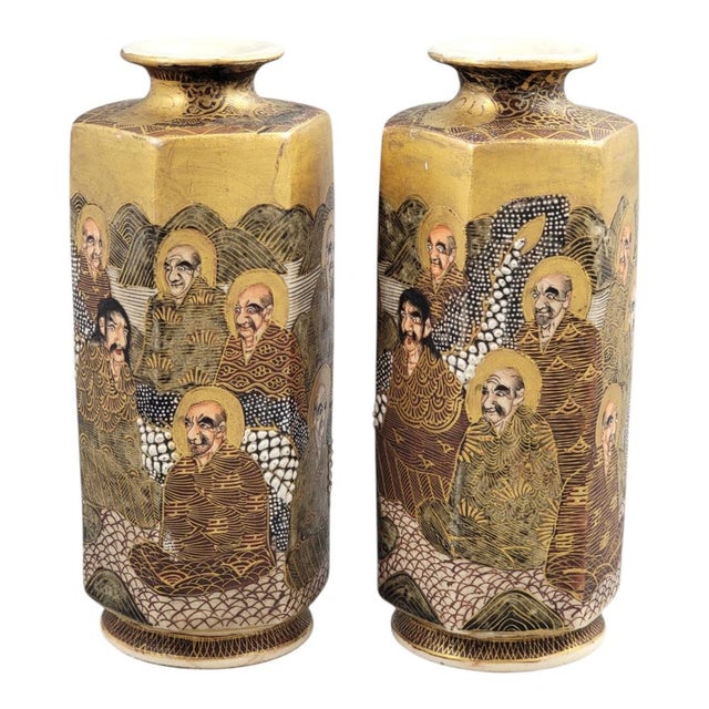 Japanese Satsuma Hexagonal Vases with Dragon and Rakan, Set of 2 For Sale - Image 5 of 13