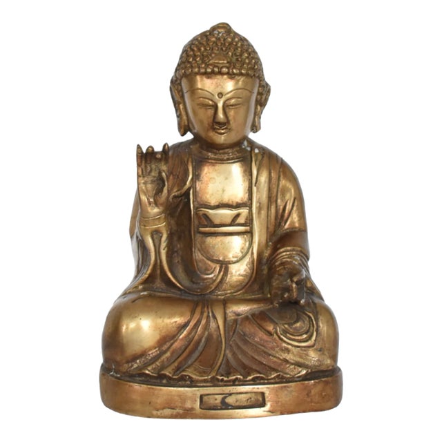 A Vintage Solid Brass Blessing Buddha Statue in the Tibetan Style. 4.5"x3.5"x7.5 For Sale